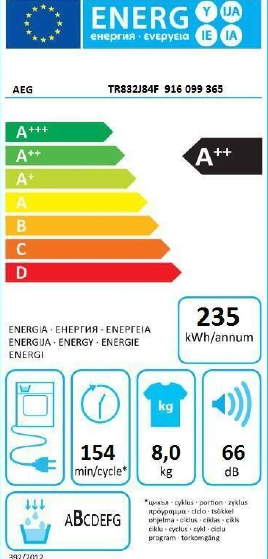 Aeg Pyykinpesu*kuivausrumpu TR832J84F 8 kg kondensoiva