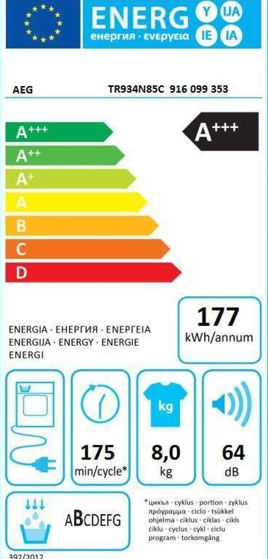 Aeg Pyykinpesu*kuivausrumpu TR934N85C 8 kg