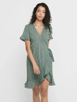 Only Vapaa-Ajan Mekot*mekko Onlolivia S/S Wrap Chinois green black spot