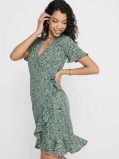 Only Vapaa-Ajan Mekot*mekko Onlolivia S/S Wrap Chinois green black spot