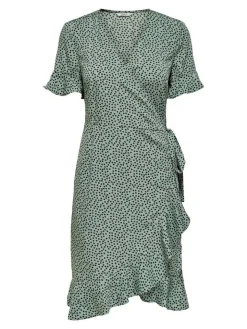 Only Vapaa-Ajan Mekot*mekko Onlolivia S/S Wrap Chinois green black spot